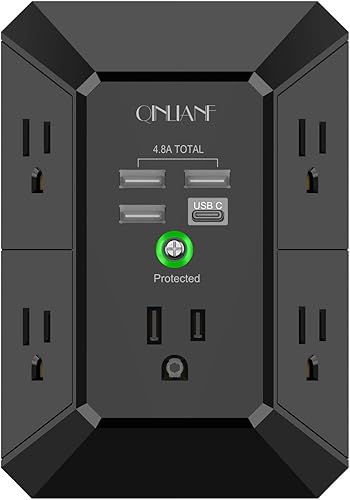 Miniatura 1 de QINLIANF - Cargador de pared USB, protector de sobretensiones, extensor de 5 salidas con 4 puertos de carga USB (4.8 A en total) regleta de