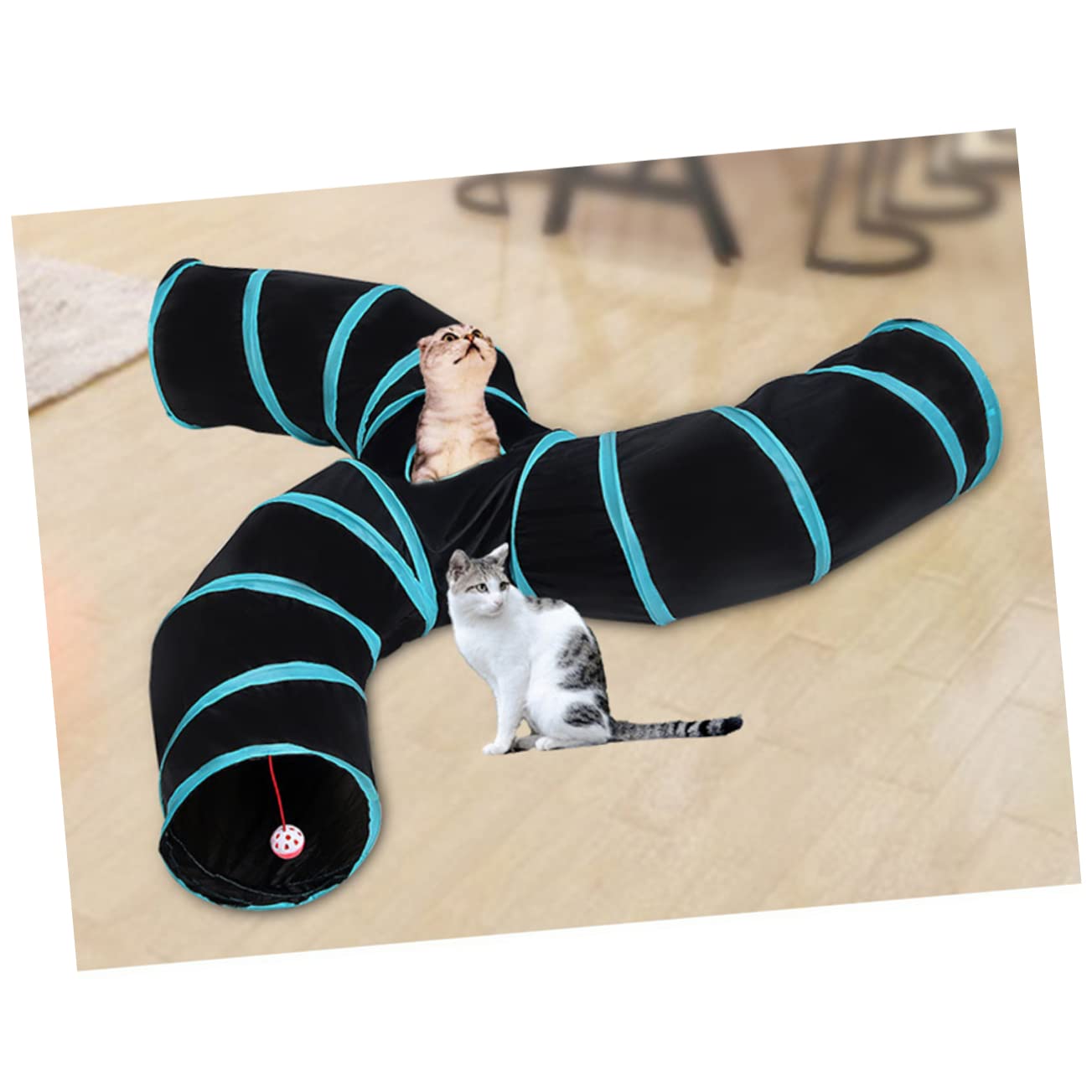 Tunnel per Gatti S a Tre Vie Pieghevole in Poliestere | Nero, Design a Righe, Portatile e Interattivo, per Gioco Felino Domestico