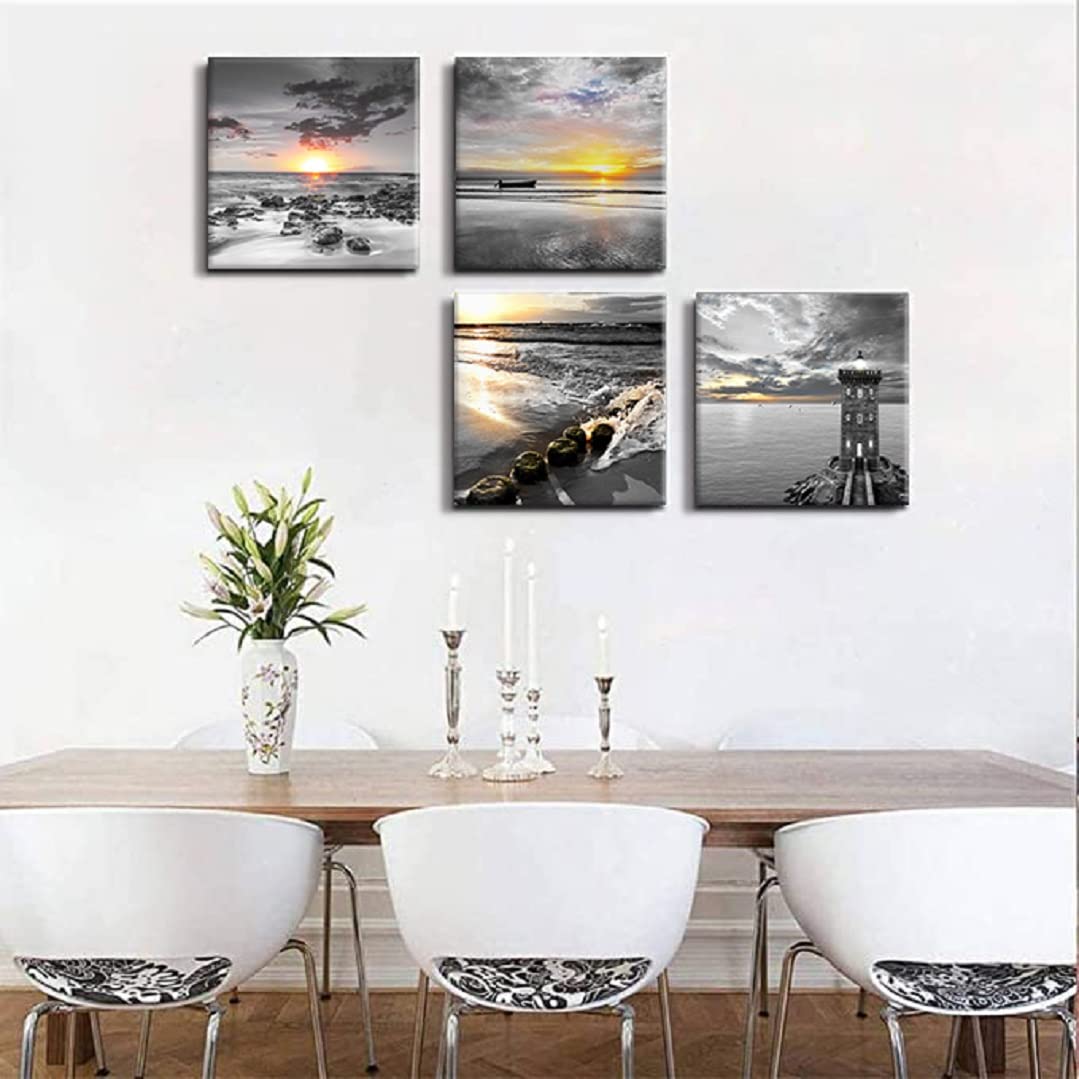 Bamdeya Black and White Gold Beach Wall Art Sea Sunrise Scenery Picture Canvas Print Framed Seascape Painting for Living Room Bathroom Wall Decor Home Decoration