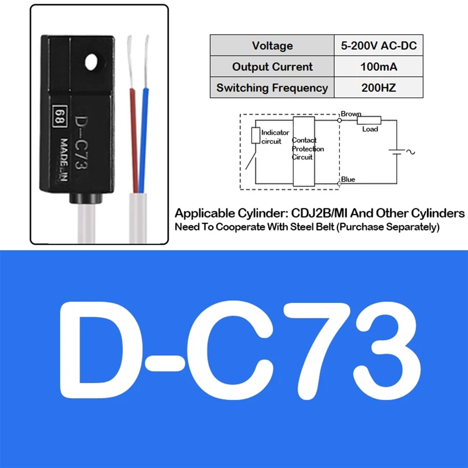 DWFSKZKV 1 pcs CS1-U/J/F/G/M Two-Line Sensor D-M9B/A93/C73 Cylinder Magnetic Switch Sensor (Color : D-C73)