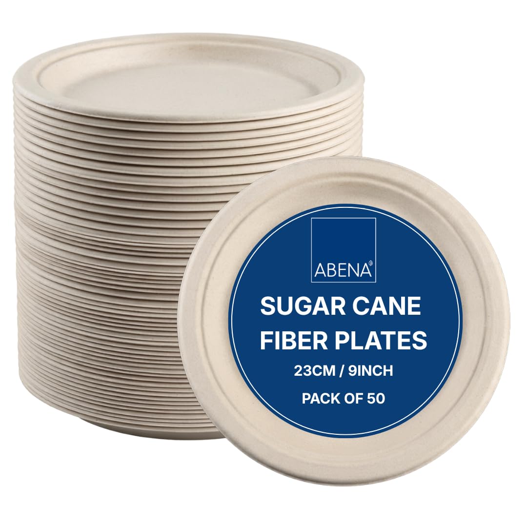 ABENA Sugar Cane Fibre Plates, Ø23cm, Pack of 50, Eco-Conscious Disposable Plates, Heavy Duty Bagasse Plates, Compostable Tableware for Parties, Catering, BBQs & Takeaway Use, Microwave Safe