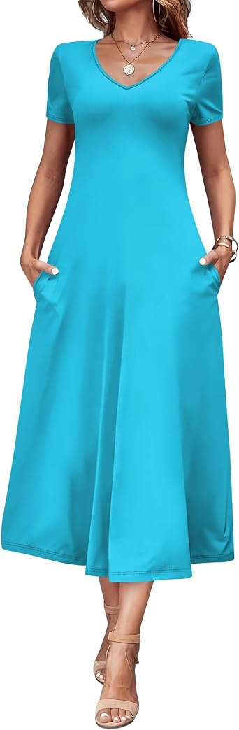 Womens Casual Short Sleeve V Neck Midi Dress Trendy Solid Color A Line Dresses Wedding Guest Sundress with Pockets