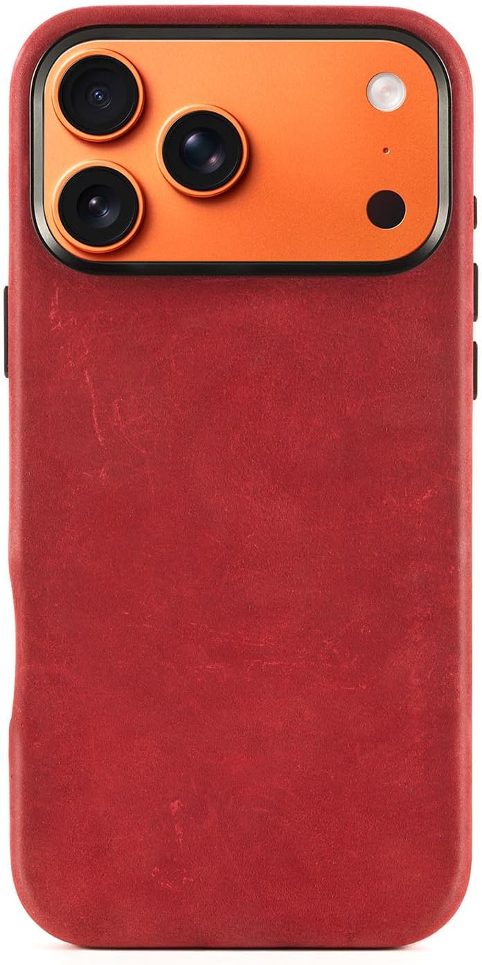 RustBend Leather Phone Case for iPhone 17 Pro 6.3", Battle-Worn Vintage Finish, Rugged Luxury, Compatible with MagSafe Wireless Charging, Handmade RustBend Crazy Horse Leather (Red)