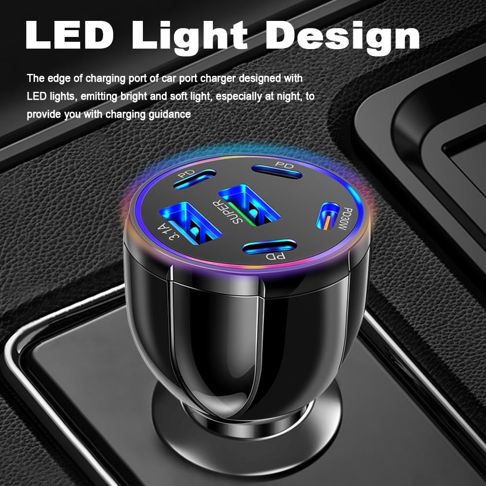 Cargador de coche de 6 puertos USB C y USB A, adaptador de cargador de coche ultrarrápido de 75 W con Super/PD30W/PD/3.1A, adaptador universal de 12V/24V para encendedor de coche, adaptador USB para