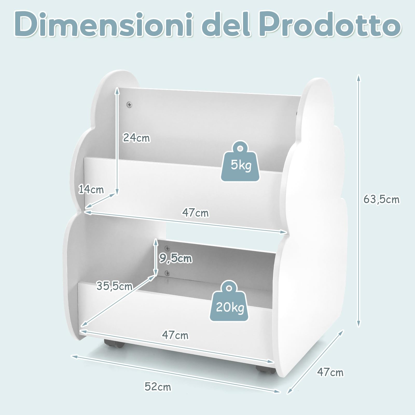 COSTWAY Libreria Montessoriana Doppio Lato per Bambini con Ruote, Scaffale Portaoggetti Multifunzione a 2 Livelli con Angoli Arrotondati, Libreria Bassa per Cameretta e Asilo, 52x47x63,5 cm, Bianco