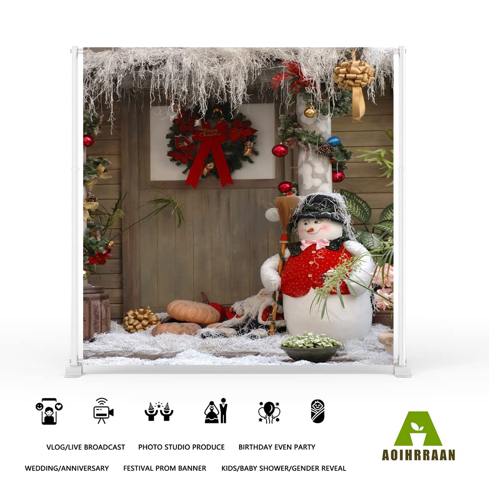 Aoihrraan 3 X 2 M Christmas Background White Feather Christmas Tree Snowman Snow Retro Wooden Floor Wall Photography Background Baby Shower Family Party Banner Portrait Photo Studio Props