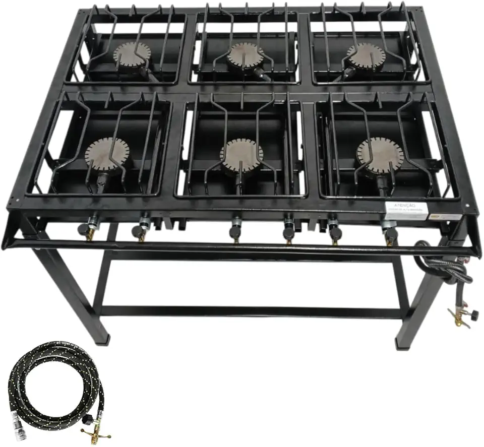Fogão Industrial 6 Bocas, FERRO FUNDIDO, Base de Aço Carbono, Alta Pressão, 68x95cm
