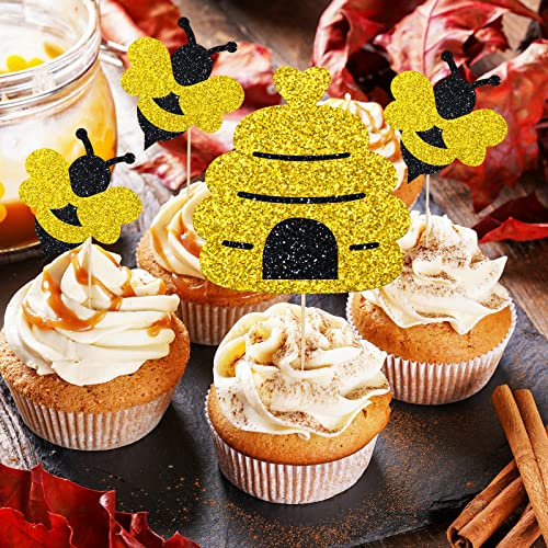 Whaline 64Pcs Glittery Bee Cupcake Topper With Sticks Glue Point Yellow Black Glitter Bee Honeycomb Cupcake Picks Summer Food Picks For Bee Theme Party Supplies Cake Decorations #TOP6