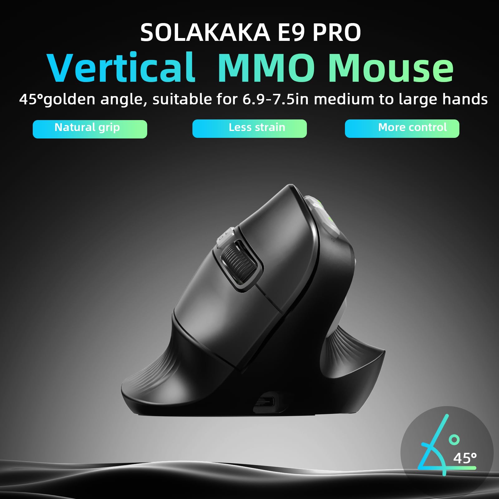 SOLAKAKA E9 PRO Vertikale MMO Gaming-Maus mit 8K-Dongle, 36000 DPI PAW3395 Sensor, 8.000 Hz Polling-Rate, Tri-Modus, ergonomische kabellose Maus mit 10 Seitentasten, RGB-Maus für PC/Mac, Schwarz