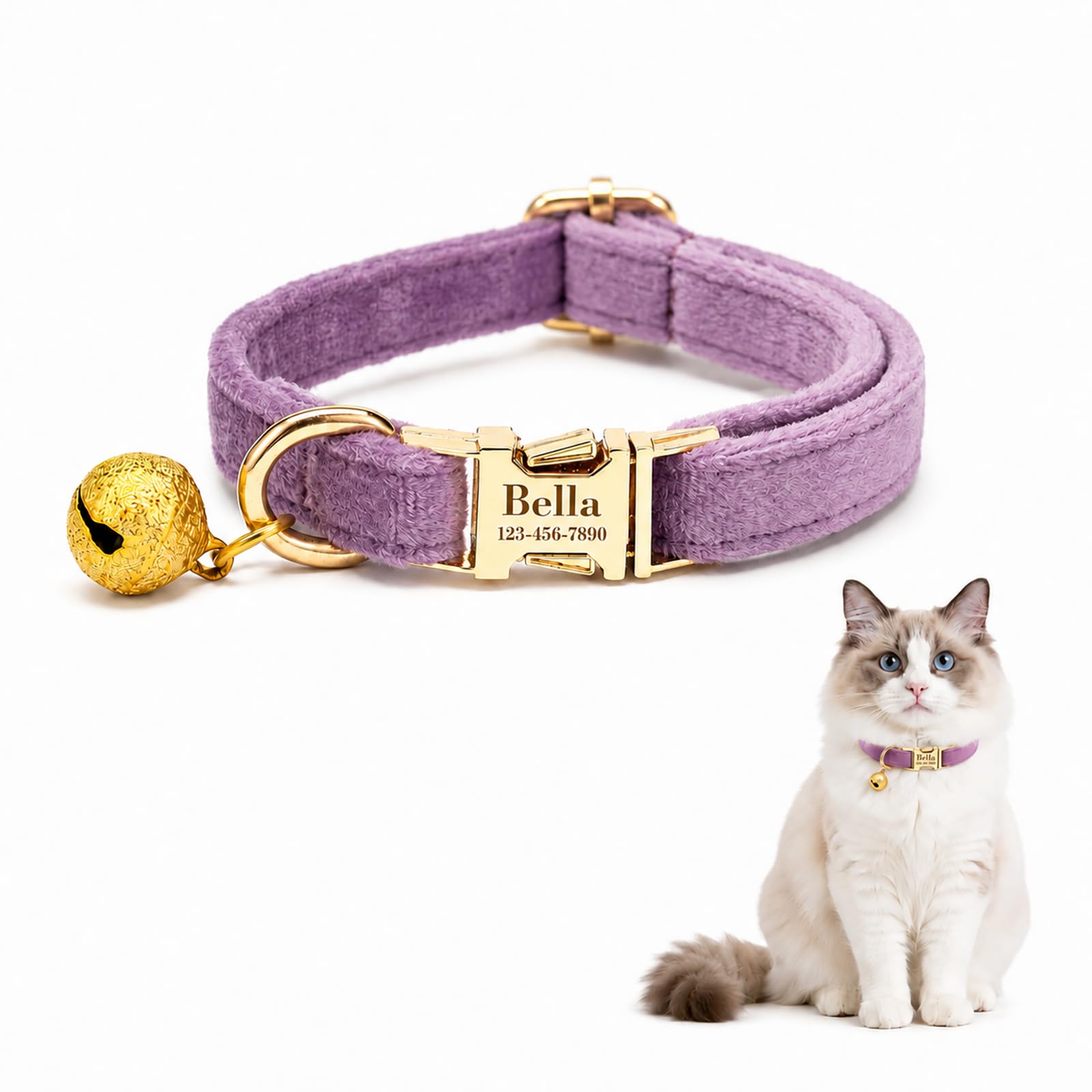 Custom Cat Collar with Bells Personalized Small Cat Collar Engraved Name &amp; Phone Number with Secure Metal Quick-Release Buckle Adjustable (Light Purple)