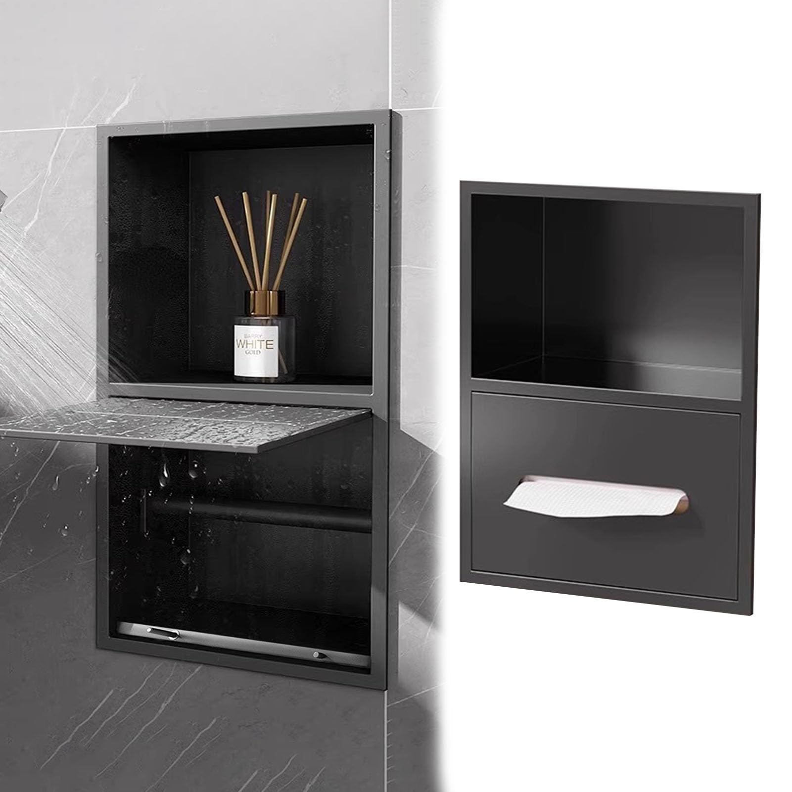 Vibeo Portarrollos Empotrable Portarrollos de Papel Higiénico Empotrado Doble, Nicho de Pared para Baño con Estante, Almacenamiento de Rollos de Papel Higiénico Integrado(Black,S)