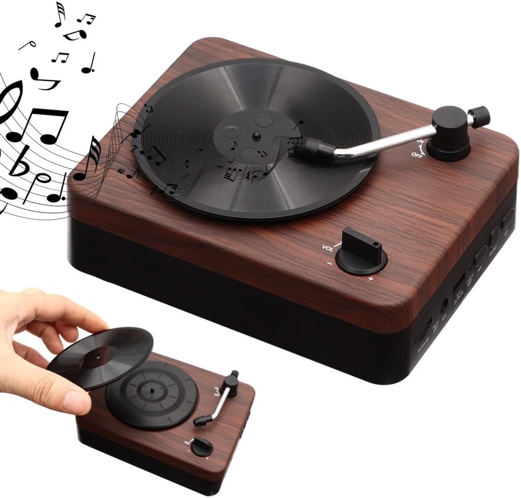 5.0 Retro Record Player with Built-in Stereo Speakers, Tf Card/Aux Compatible, Portable Turntable in Wood Grain Finish