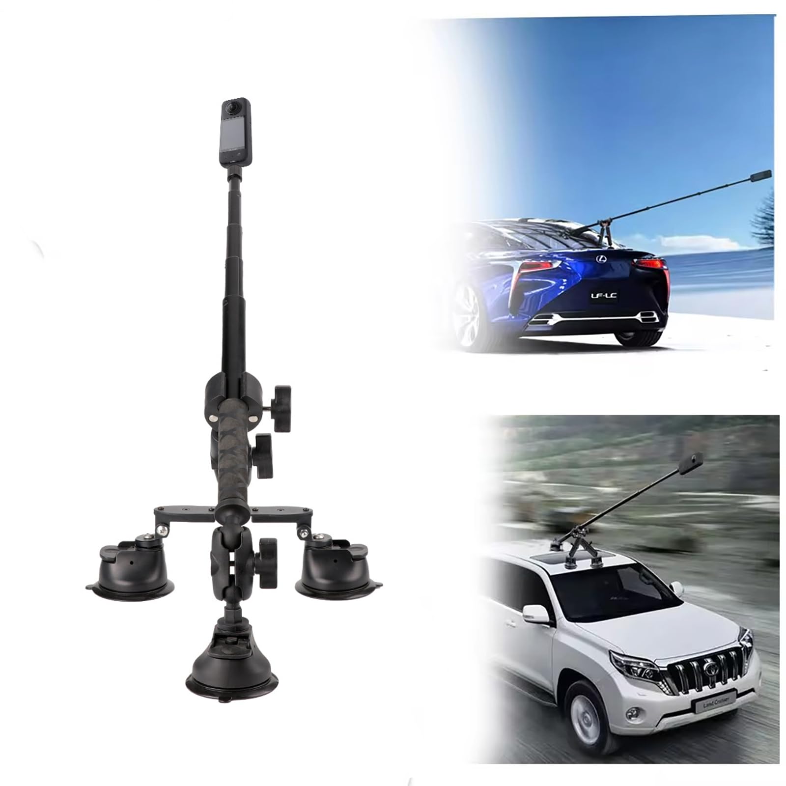 NEWFUN Triple Auto Suction Kit Suppoto, Selfie Kij 112 cm, uchwyt z przyssawką do fotografowania na dachu, uchwyt samochodowy z trzeciej osoby do Insta360, odpowiedni do wszystkich typów samochodów