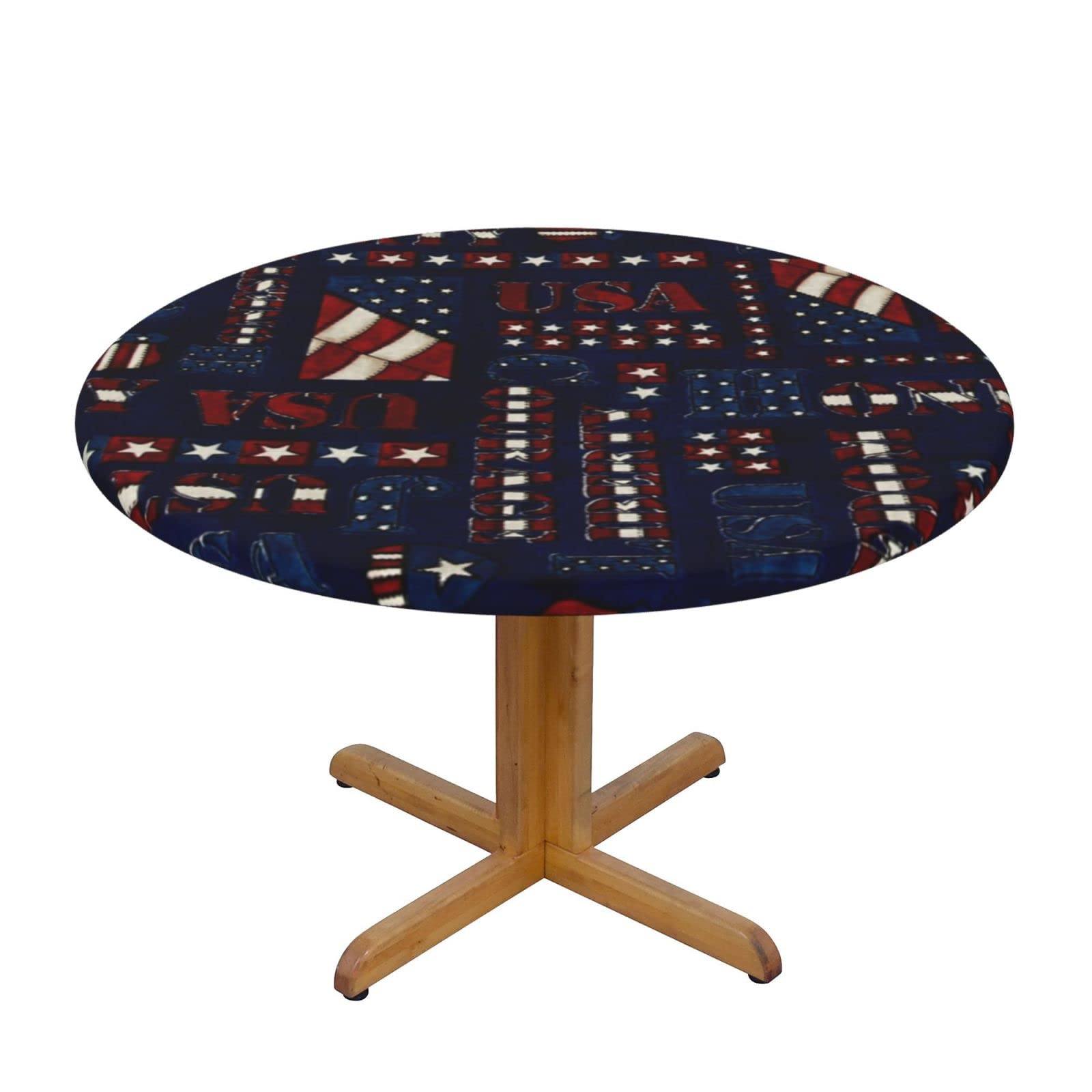 Lsjuee Round Fitted Tablecloth 45-50in Elastic Edged Table Cloth for Kitchen Dining Party Home Decor - USA Flag Honor Stars Blue