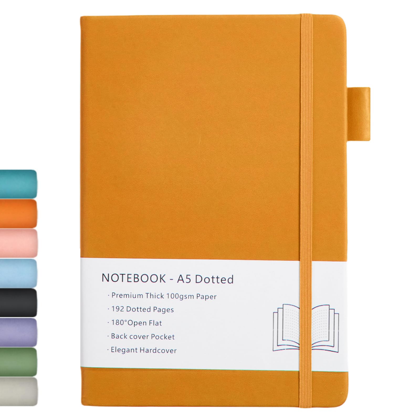 Dotted Journal, A5 Hard Cover Dotted Journal with Premium 100 GSM Thick Paper, Pen Loop, Inner Pocket, Elastic Banded