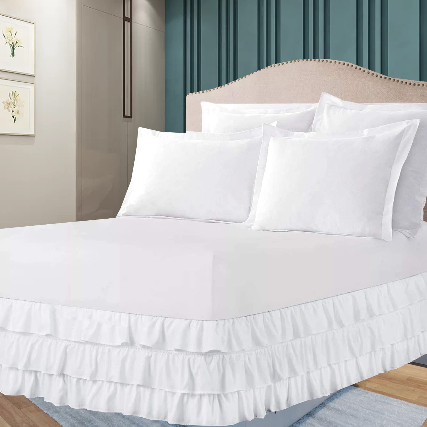 Multi Ruffle Bed Skirt with Split Corners- White Bed Skirt King Size 12 Inch Drop Bed Skirt Multi Ruffle- 100% Microfiber Dust Ruffle Bed Skirt for King Size Bed with Platform Three Sided Coverage