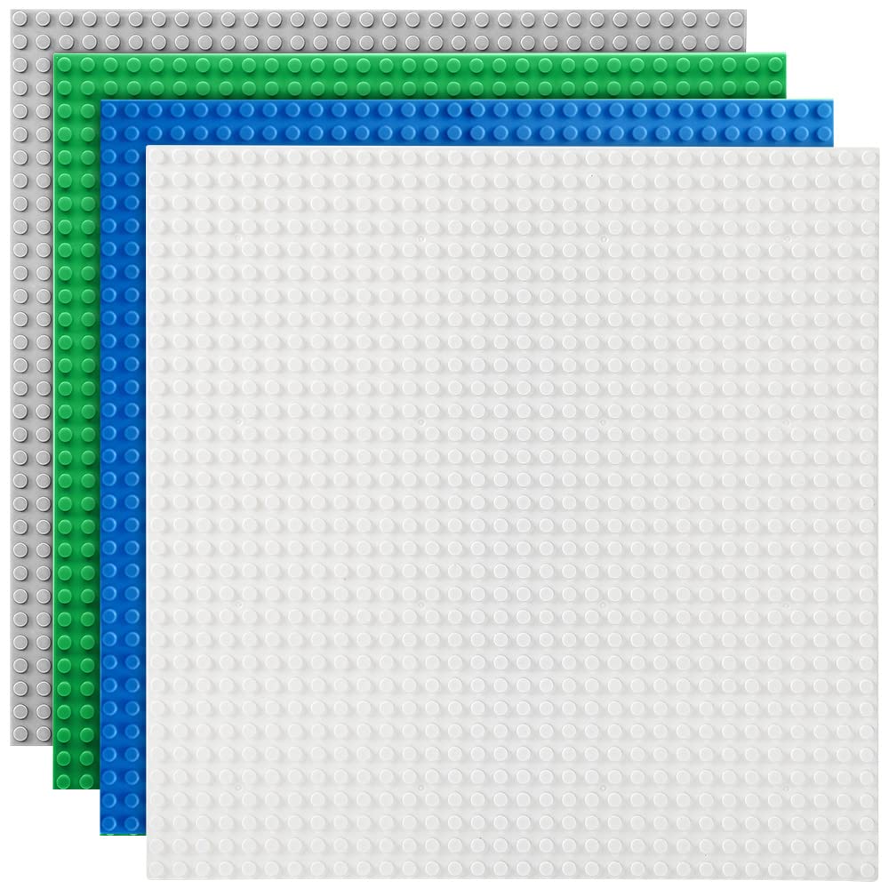 Etarnfly 4 Pack Classic Base Plates,25.5 x 25.5 cm Building Board Baseplates 100% Compatible with All Major Brands,Grey/Green/Blue/White
