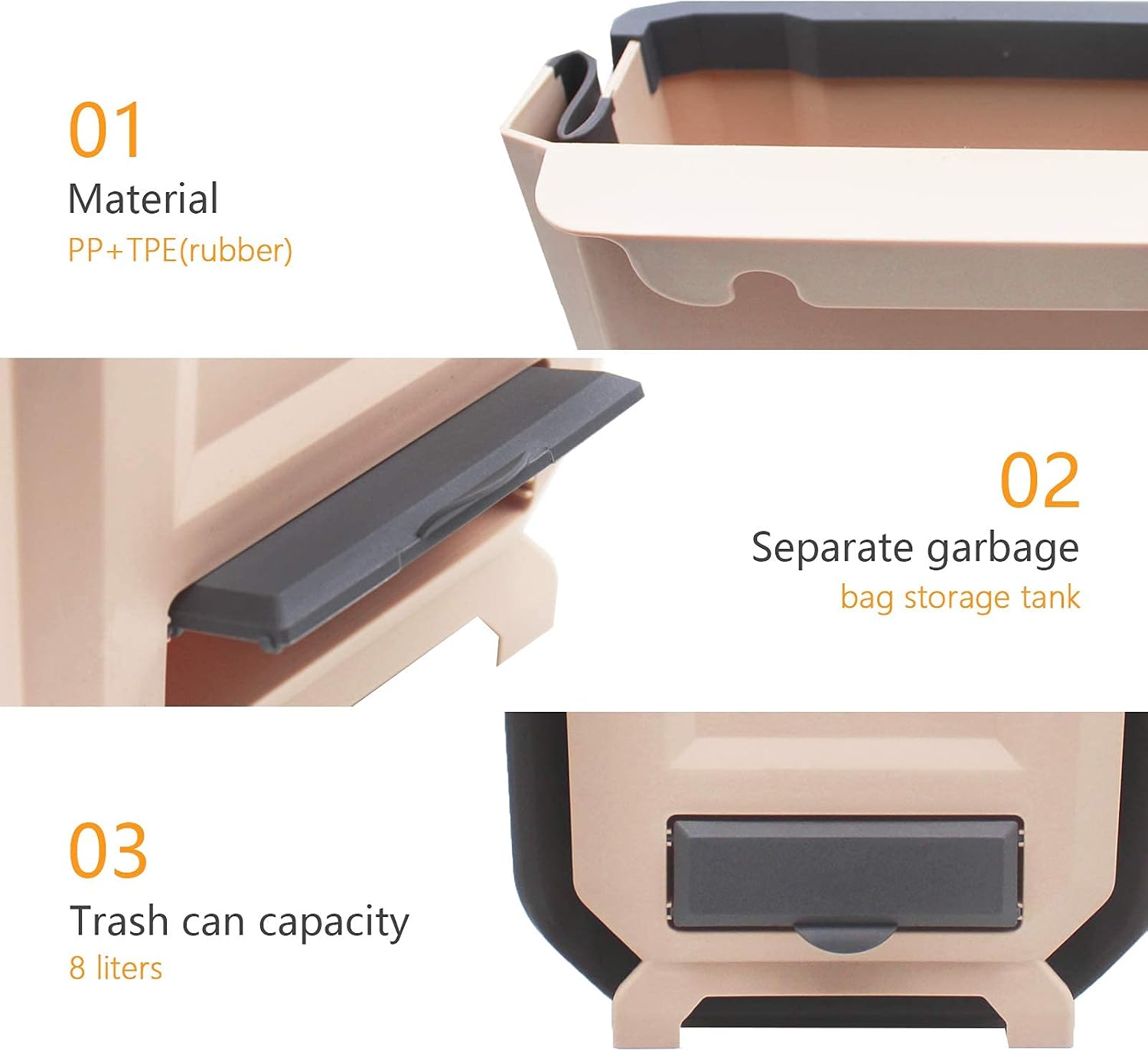 HUAPPNIO Kitchen Trash Can Plastic Collapsible Wall Mounted for Cabinet Door Hanging Garbage Bin 2 Gallon (Beige)