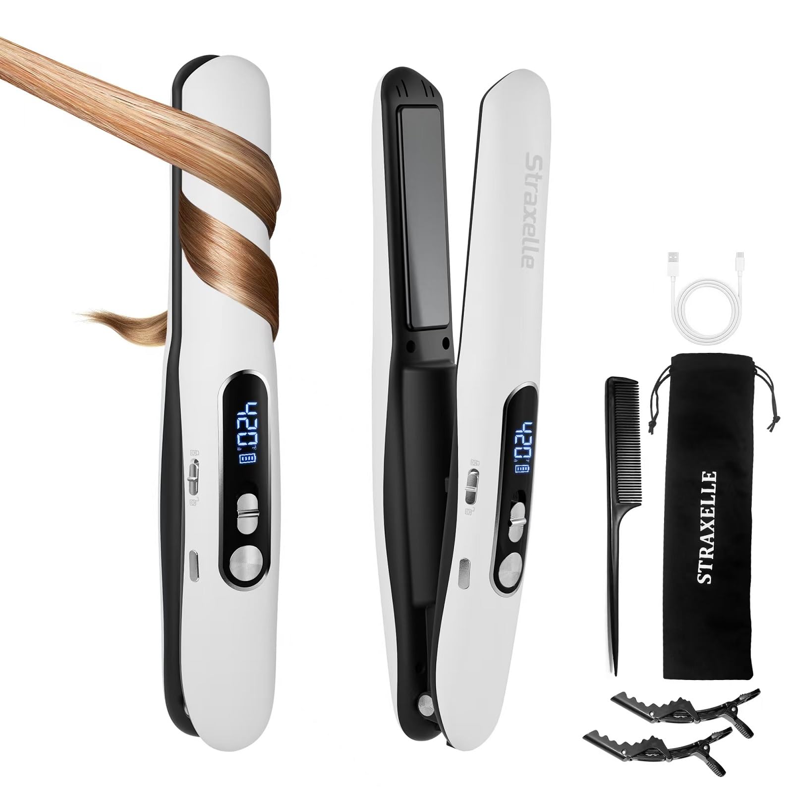 Straxelle ヘアアイロン コードレス 2WAY ストレートアイロン ミニ＆カール LED表示 大容量5000mAh 充電式 コードレスヘアアイロン 温度調節 175℃-215℃ 自動オフ 男女兼用 家庭/旅行/出張/通勤用(ピンク)