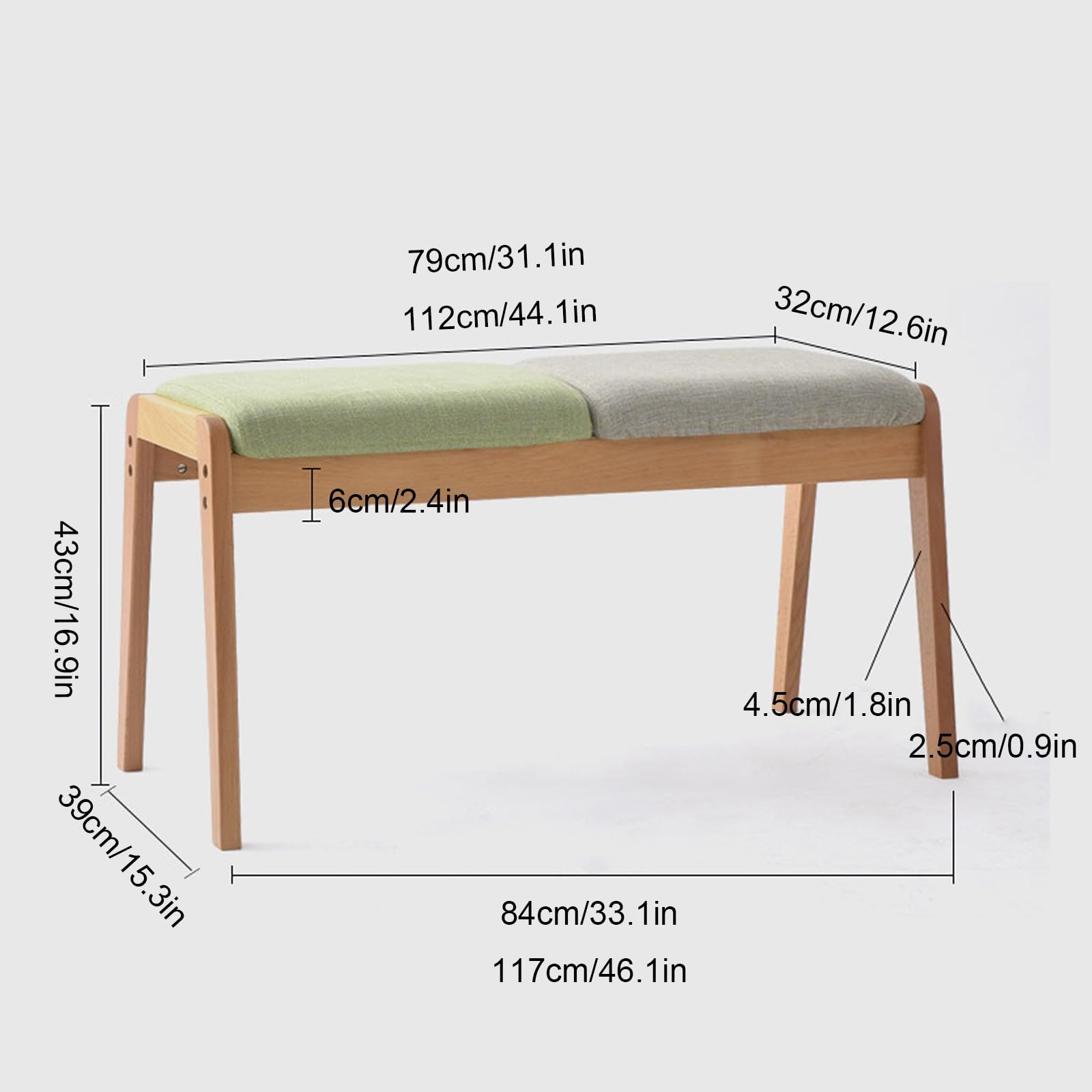Panca Per Ingresso, Panca Per Tavolo Da Pranzo Con Seduta Imbottita E Struttura In Legno Massello, Superficie Liscia, Mobili Versatili Per Interni(Green,112cm/44.1in)