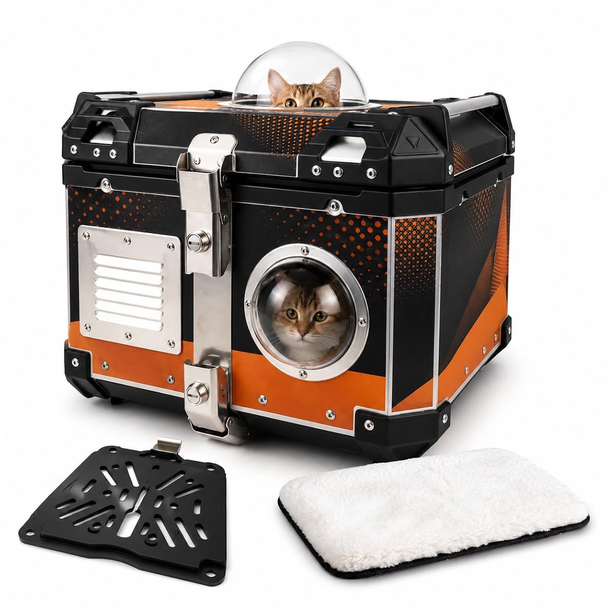 Baannaww Motorcycle Pet Carrier Top Case 45L 41×34×34cm Lockable Rear Tail Box for Scooter, E-Bike and Moped, Pet Travel Trunk with Bubble Window, Ventilation, Soft Mat and Mount Base Plate