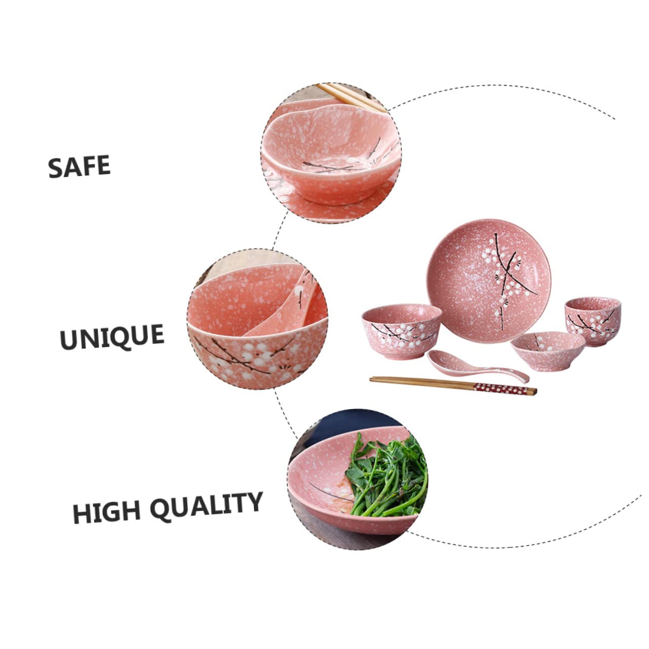 Amosfun Set Di Stoviglie Giapponese in Ceramica Rosa 12 Pezzi, Posate Per La Casa Ciotole, Piatti, Cucchiai e Bacchette, Per Feste, Ristoranti e Uso Quotidiano
