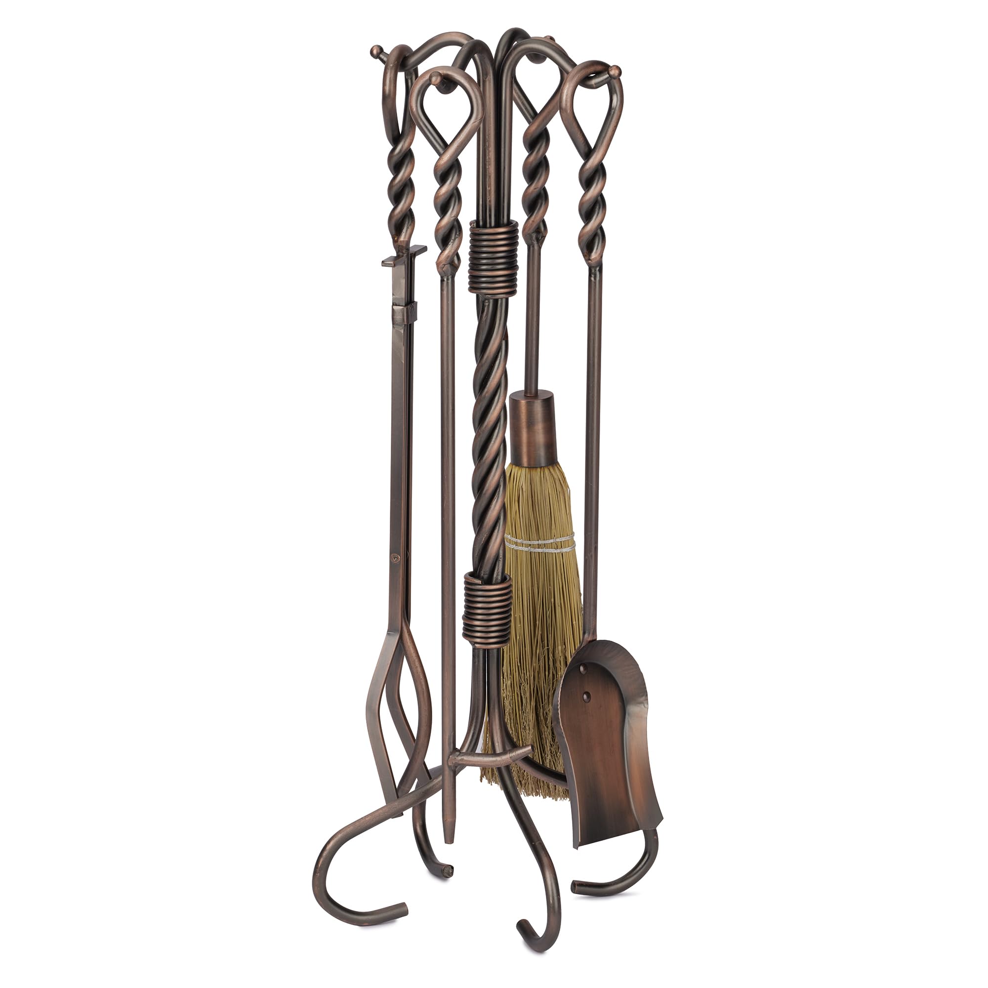 UniFlame, F-1323, 5-Piece Antique Copper Wrought Iron Fireplace Tools Set with Swirl Handles