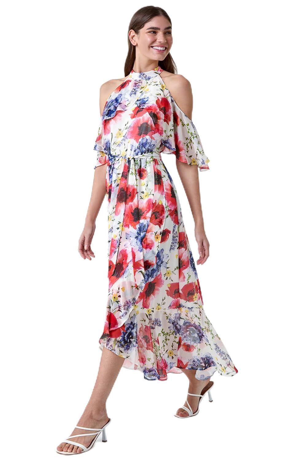 Roman Poppy Floral Frill Halterneck Dress for Women UK - Ladies Spring Everyday Summer Holiday Sleeveless Soft Maxi Length Comfy Fit & Flare Frock Beach Dinner Gowns - Ivory - Size 12