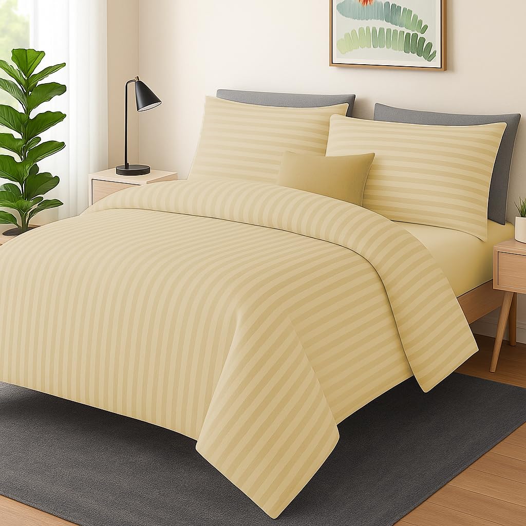 MIA we dress your home Luxury Super King Duvet Cover Set - Hotel Quality Satin Stripe Beige Bedding Set Comforter Quilt Cover With 2 Pillowcases (Beige, Super King)