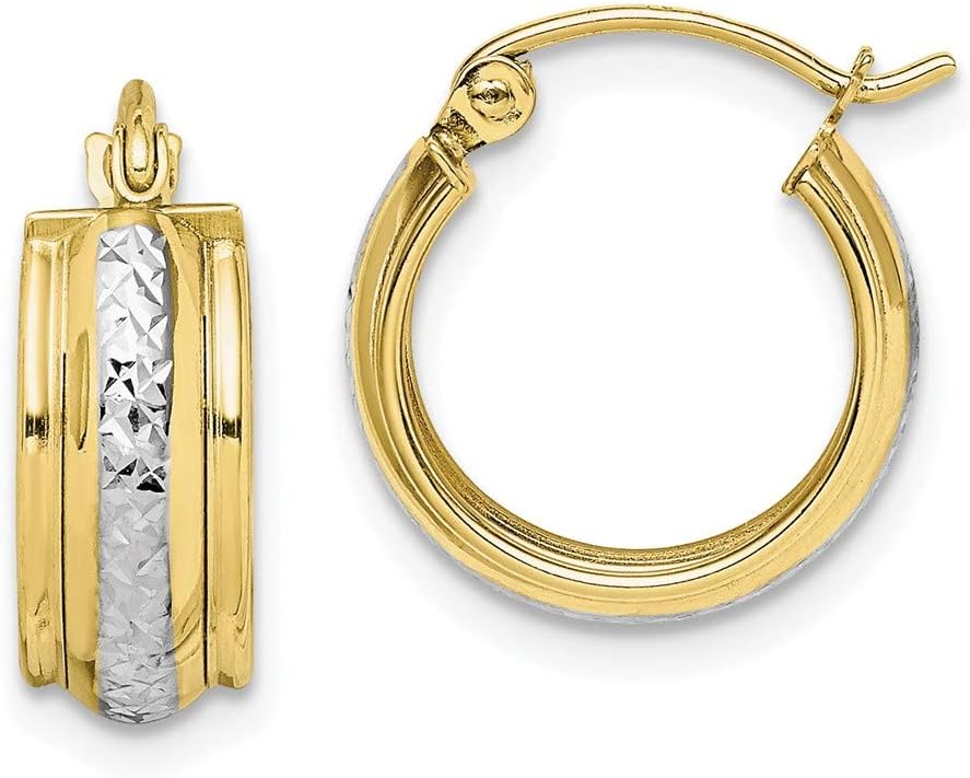 10k Yellow & White Two Tone Gold Diamond Cut Small Hoop Earrings (15mm x 15mm)