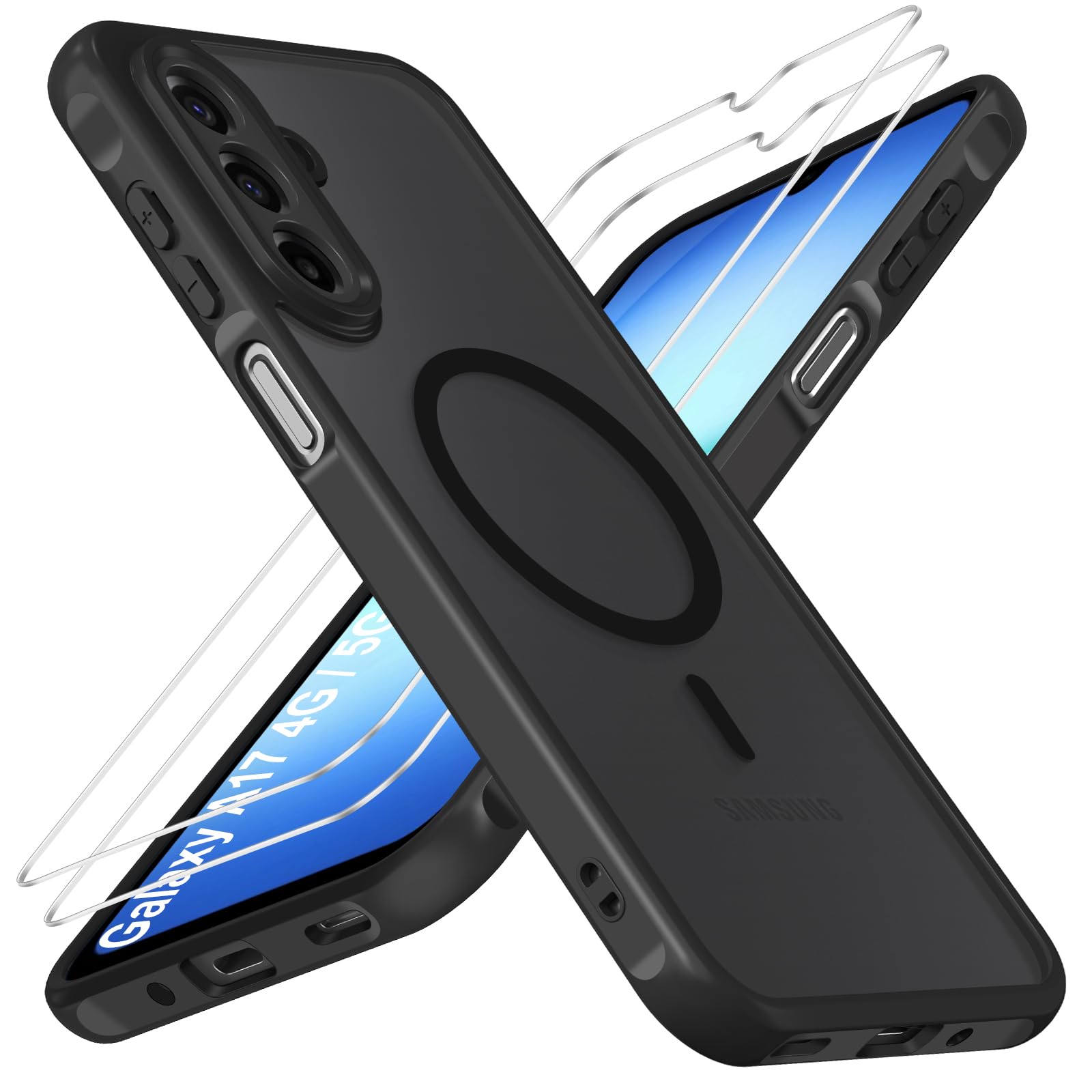 ivoler Magnetische Matte Hülle für Samsung Galaxy A18 / A17 4G / 5G | Kompatibel mit MagSafe, Schwarz, mit 2 Stück Panzerglas, Sturzschutz nach Militärstandard, stoßfest, kratzfest