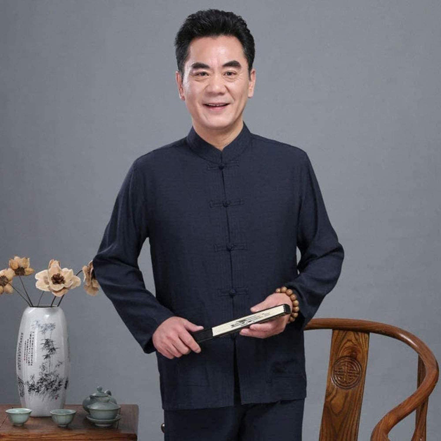 Herren Tai Chi Set aus Baumwolle und Leinen, traditioneller Tang-Anzug, Kampfsportkleidung, Hemden und Hosen, Uniform, zweiteilig, Grau-Mittel (Dunkelblau L)