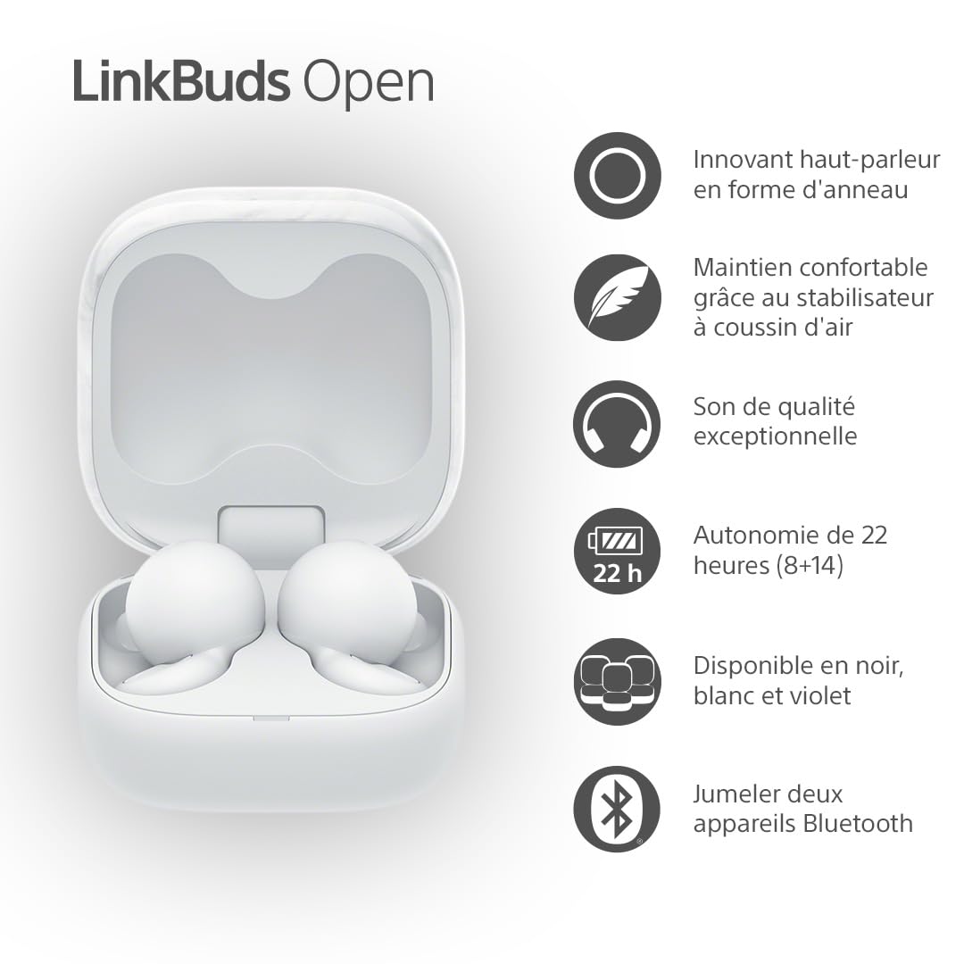 Sony LinkBuds Open - Ecouteurs Ouverts Bluetooth sans Fil - Son Transparent, Confortables, 4, 8g, Haute qualité sonore, IPX4, Connexion multipoint, Batterie 22h, iOS et Android - Blanc