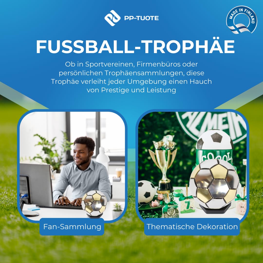 Fußballpokal aus Messing, handgefertigt, mit Ständer | Finnische Handarbeit; dekorative Fußballtrophäe mit Metallständer, Leinentasche und weißen Handschuhen