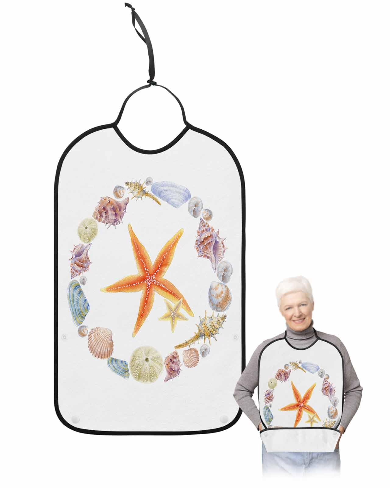 LEOKOTI Coastal Starfish Adult Bibs for Eating, Waterproof Bibs with Food Catcher & Adjustable Snap Closure, Summer Beach Ocean Nautical Shell Washable Clothing Protectors Adult Bibs for Elderly