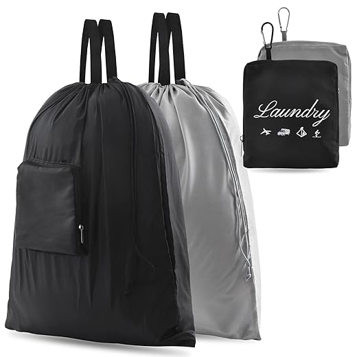 2 Pcs JHX Travel Laundry Bags, Dirty Clothes Organizer【Upgraded】with Handles and Aluminum Carabiner for Travel, Camp, Fitness, and Students (Black&Grey) 24"L x 21"W
