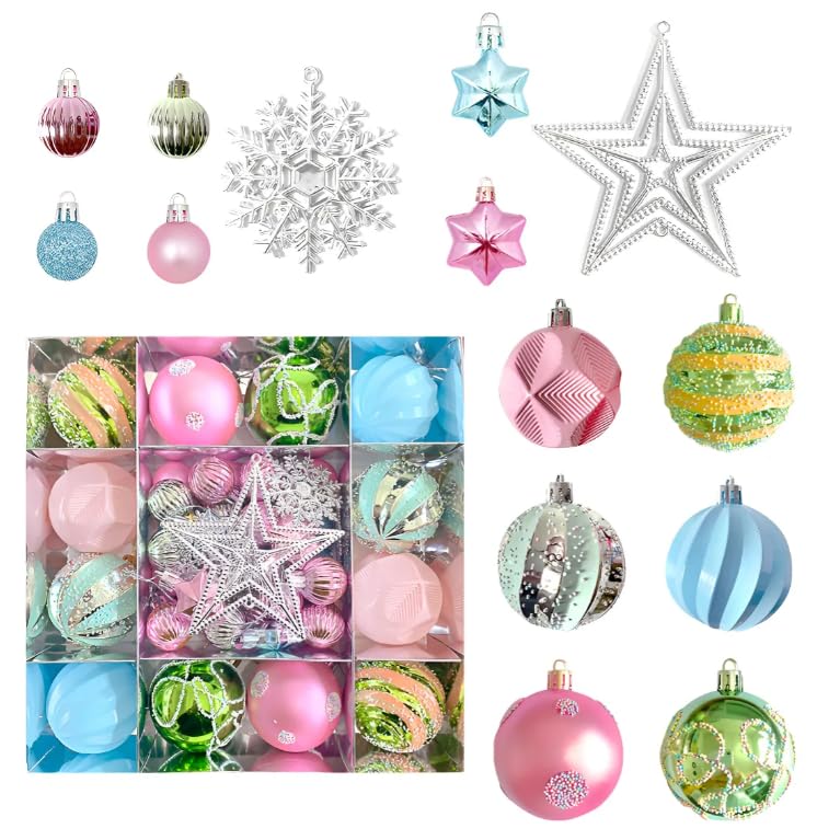 50PCS Pastel Christmas Ornaments Set – Pink, Mint & Blue Baubles | 6cm & 3cm Shatterproof Balls, Stars & Snowflakes | Cute Aesthetic Xmas Tree Decorations for Holiday, Party & Home Décor — image 1