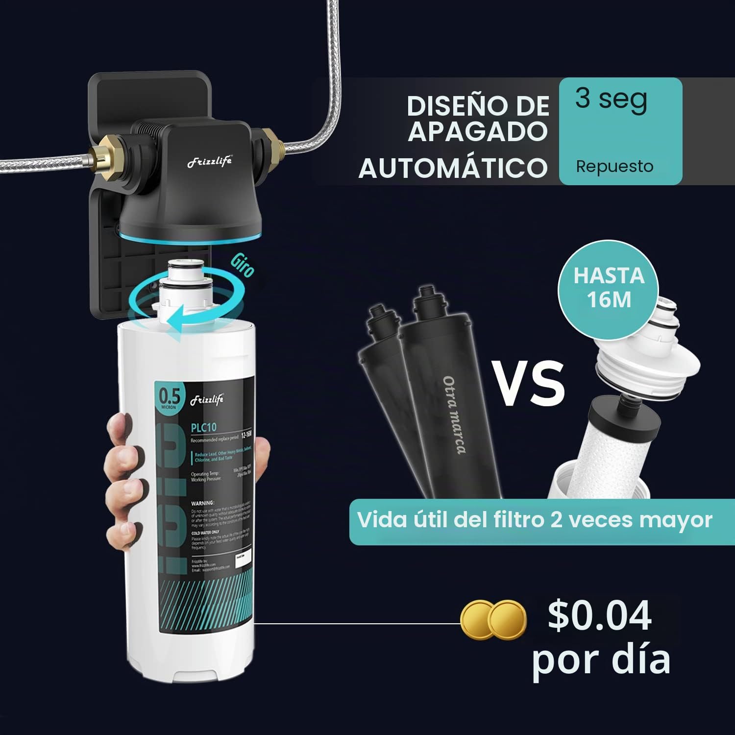 Frizzlife SW10 Sistema de filtro de agua debajo del fregadero, certificado NSF/ANSI 53 y 42, reduce el 99.99% de plomo, cloro, mal gusto y olor, alta capacidad, 0.5 micrones