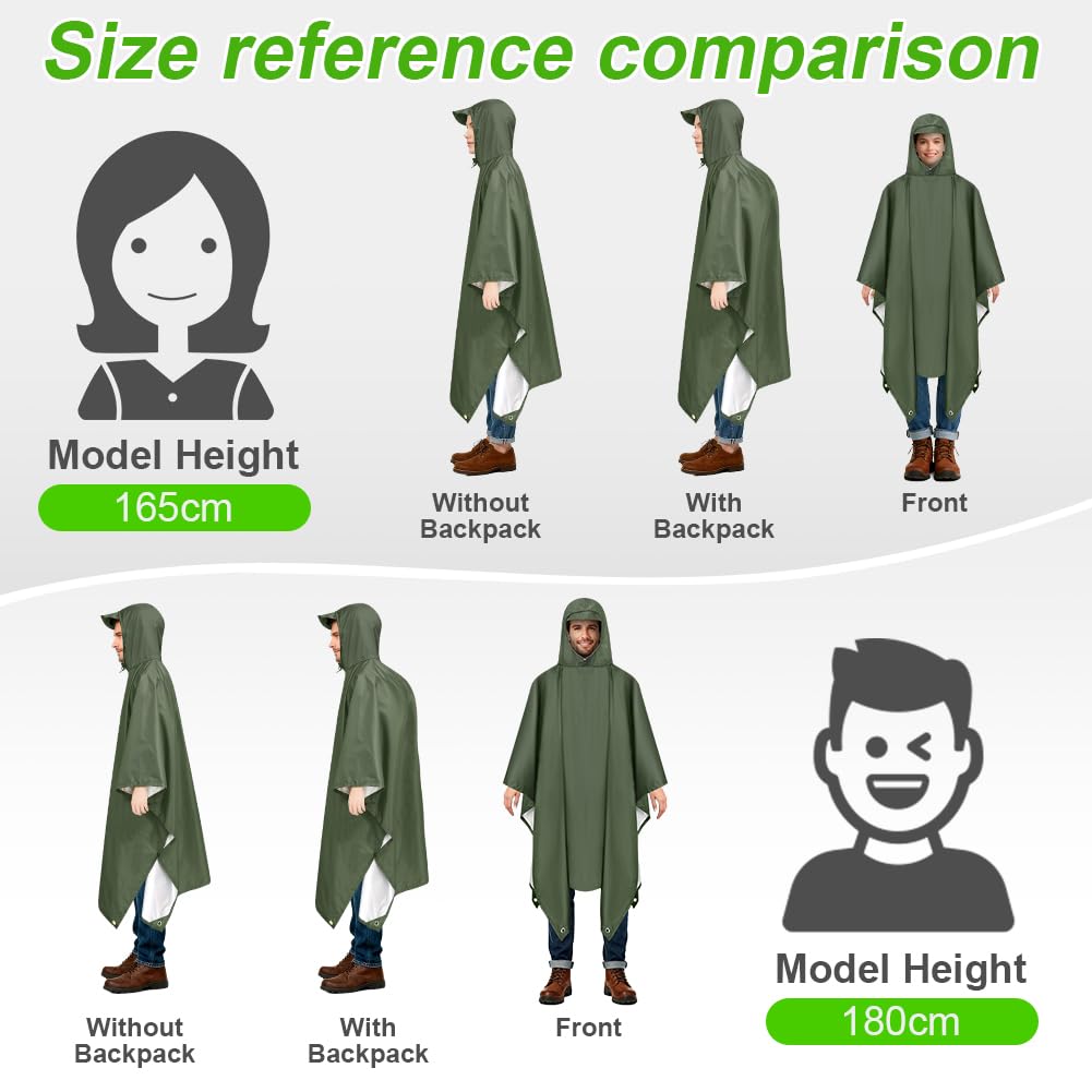 Vicloon Poncho de Lluvia Impermeable, Chubasquero con Capucha para Mujer Hombres, 3 en 1 Multifuncional Chubasquero Transpirable Ultrafino, Toldo Manta, Estera de Camping, Talla grande con Bolsa A