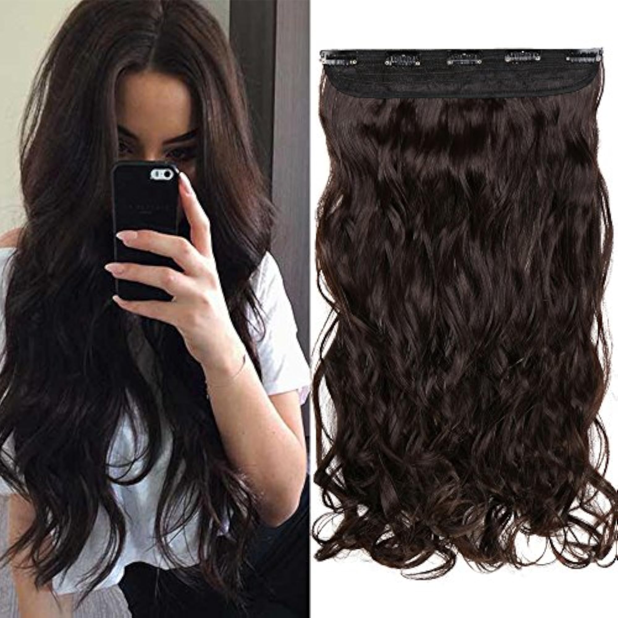 Curly 5 Clips ¾ Head Wavy Half Hair Extension Wig, Dark Brown