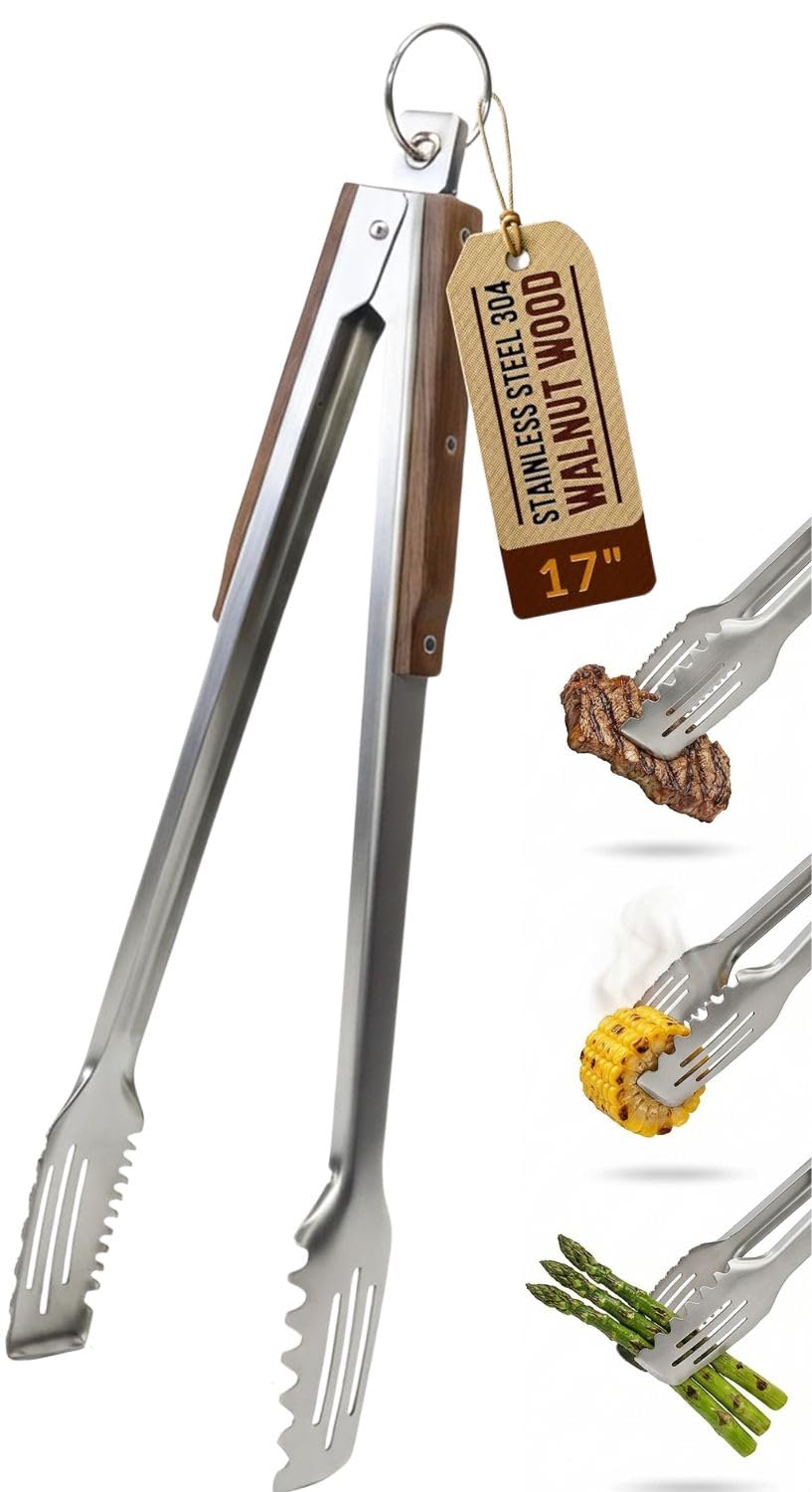 Pince Barbecue 43 cm Acier Inoxydable 304 - Pince Grillade Extra-Longue avec Manche Bois de Noyer, Embouts Dentelés Fentes, Anneau Verrouillage et Crochet, Pochette Cadeau Incluse - Stone & Clark
