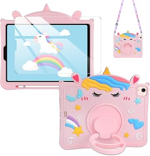 for iPad Air 5th Case iPad Pro 11 inch Case 4th/3rd/2nd/1st with Screen Protector 360°Rotating Kickstand Shoulder Strap Cute Silicone Case for Kids Girls Cover for iPad Air 5/4 2022 2020