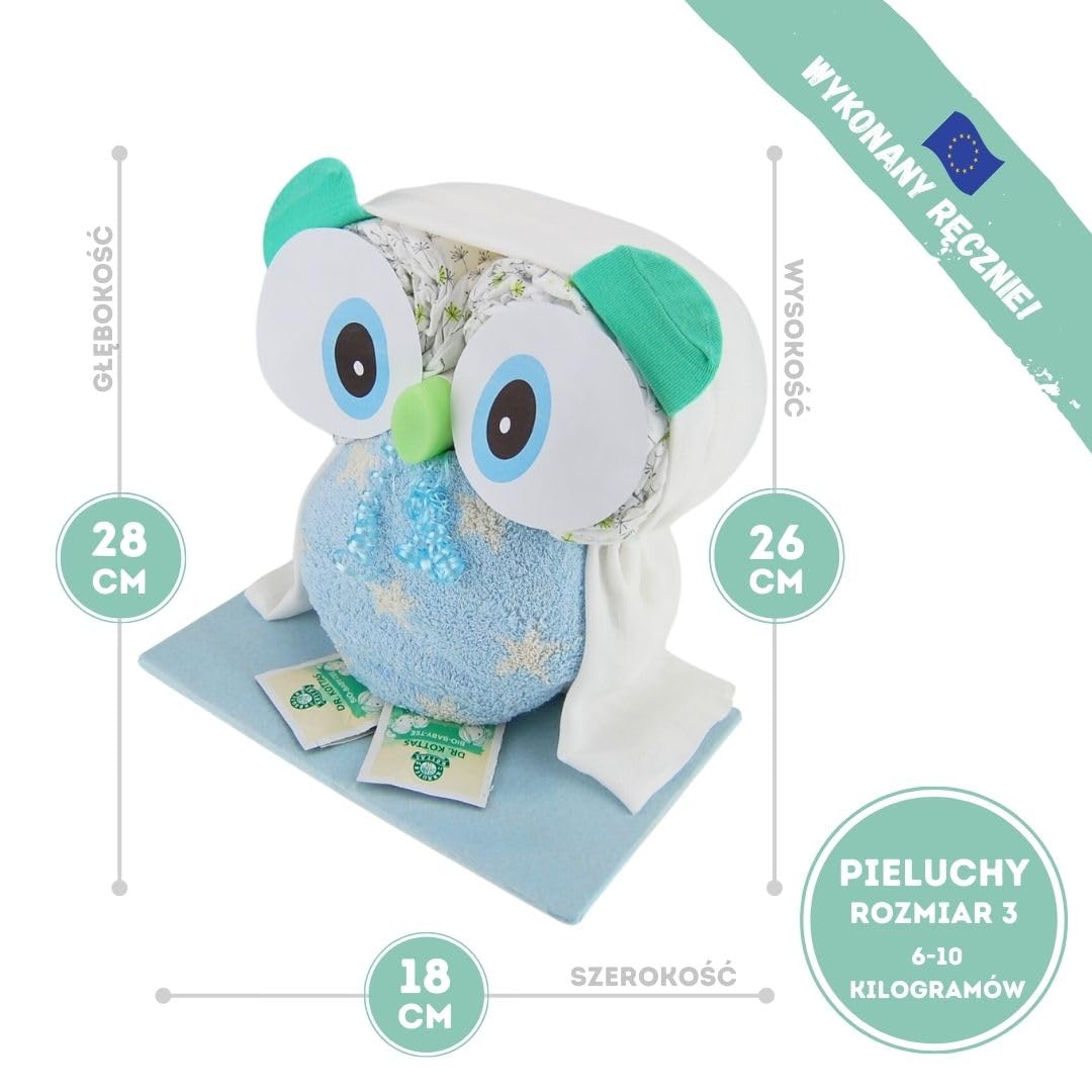 myBambini ® pieluszka tort sowa niebieska/chłopiec - prezent na baby shower dla noworodka - skarpetki niemowlęce pierwsze wyposażenie 0 miesięcy chusteczki nawilżane dla noworodków -...