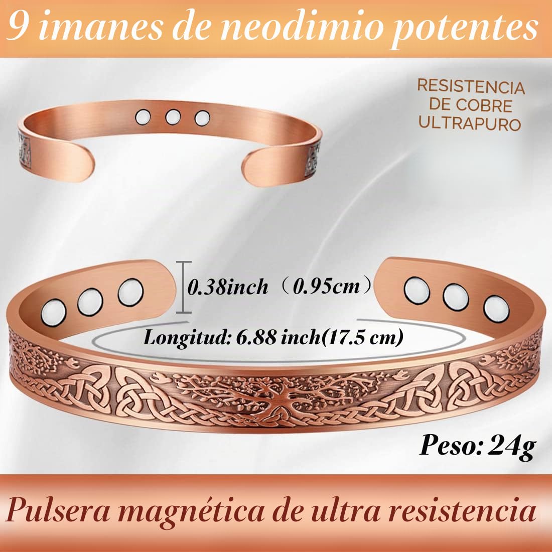 9X Pulsera de drenaje linfático de cobre para mujer, ultra fuerte, imán sólido, pulsera magnética de cobre puro ajustable, brazalete con caja de regalo (Árbol de la Vida)