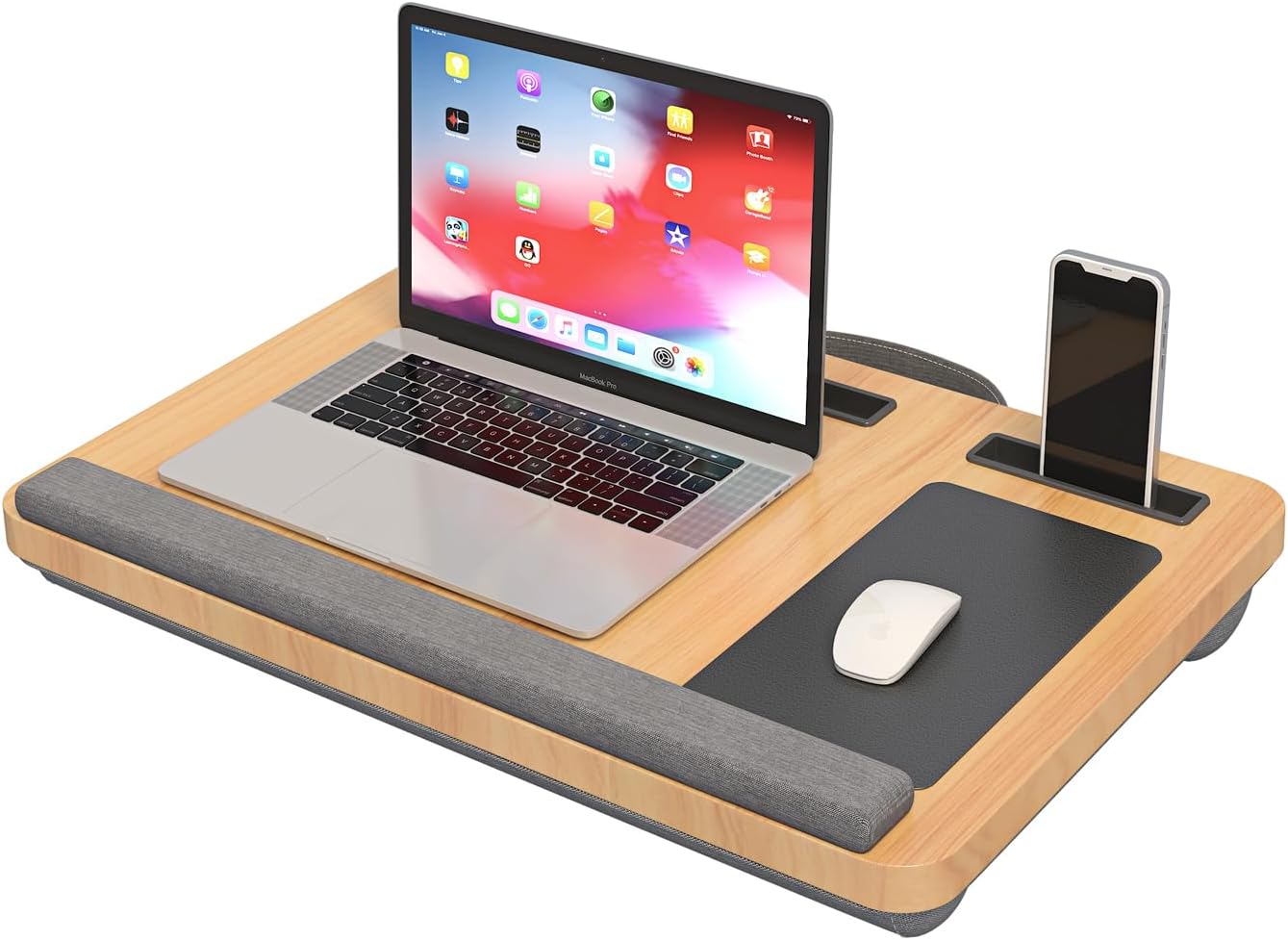 UNICOO® Portable Lap Desk with Padding Cushion, Fits 15.6″ Laptop – Anti-Slip Strip, Storage Slot, Ergonomic Laptop Stand for Bed, Couch, or Home Office | Students, Home Office, Travel (Maple)