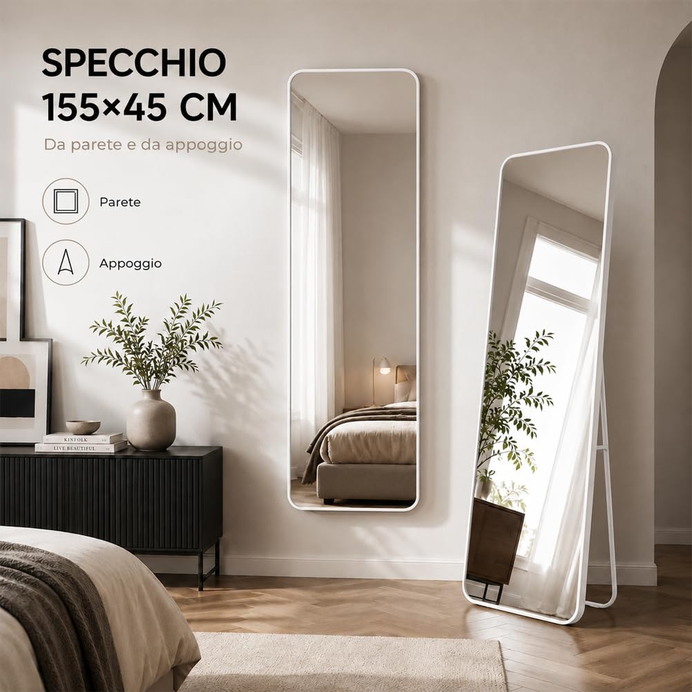 Shally Dogan Specchio da Terra e da Muro Rettangolare, Stand Autoportante Indipendente e da Parete, Decorazione Interna, Design Minimal, Figura Intera e Cornice in Alluminio, 155 x 45 cm, Bianco