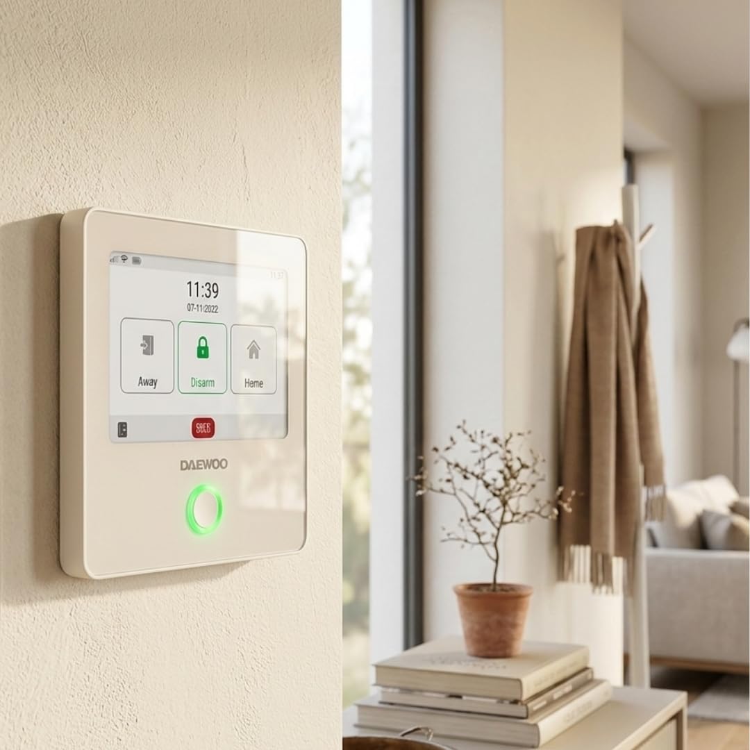 Pack Alarme Maison Connectée Touch Pro – sans Abonnement avec Caméra Intérieure HD, 2 Caméras Extérieures, Sirène Solaire, Détecteur de Fumée, 2 Capteurs de Porte – Alexa & Google Home