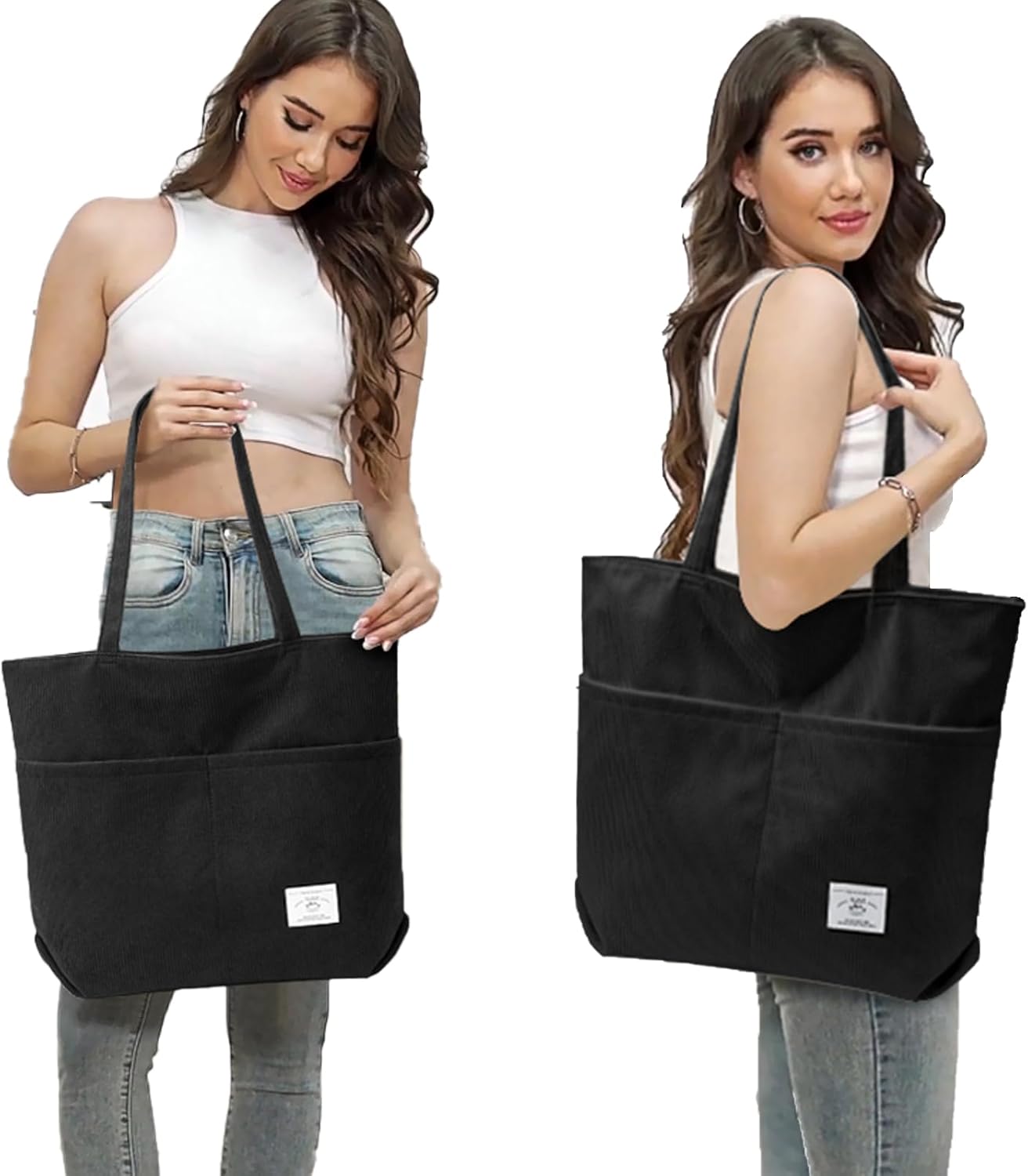 KALIDI Women Corduroy Tote Bag Zipper Casual Tote's Handbag Big Capacity Shoulder Bag with Pockets - Image 2