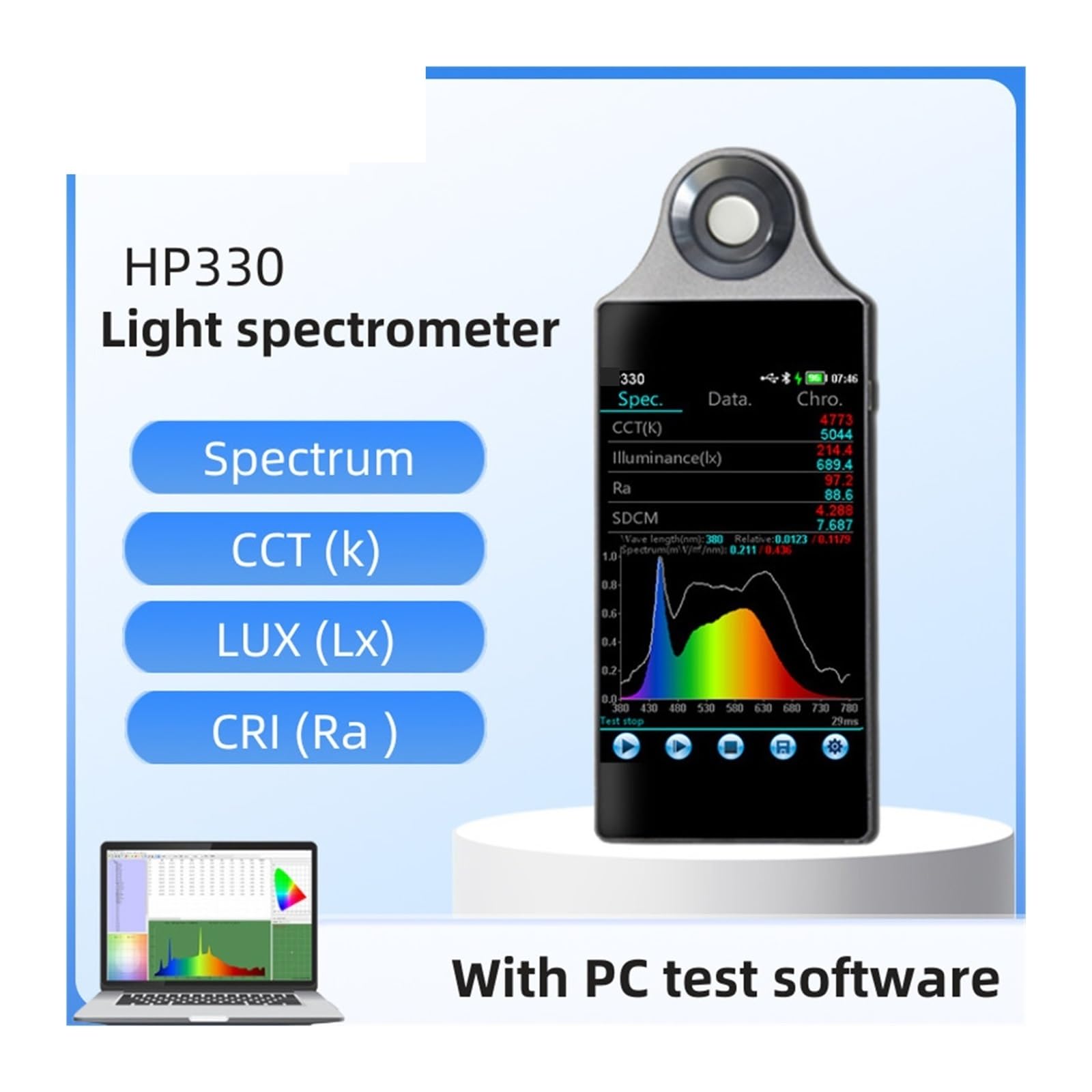 Przenośny, precyzyjny cyfrowy Ręczny Spektroradiometr HP330 Miernik Widma Światła Tester Temperatury Barwowej Do Profesjonalnych Pomiarów Oświetlenia