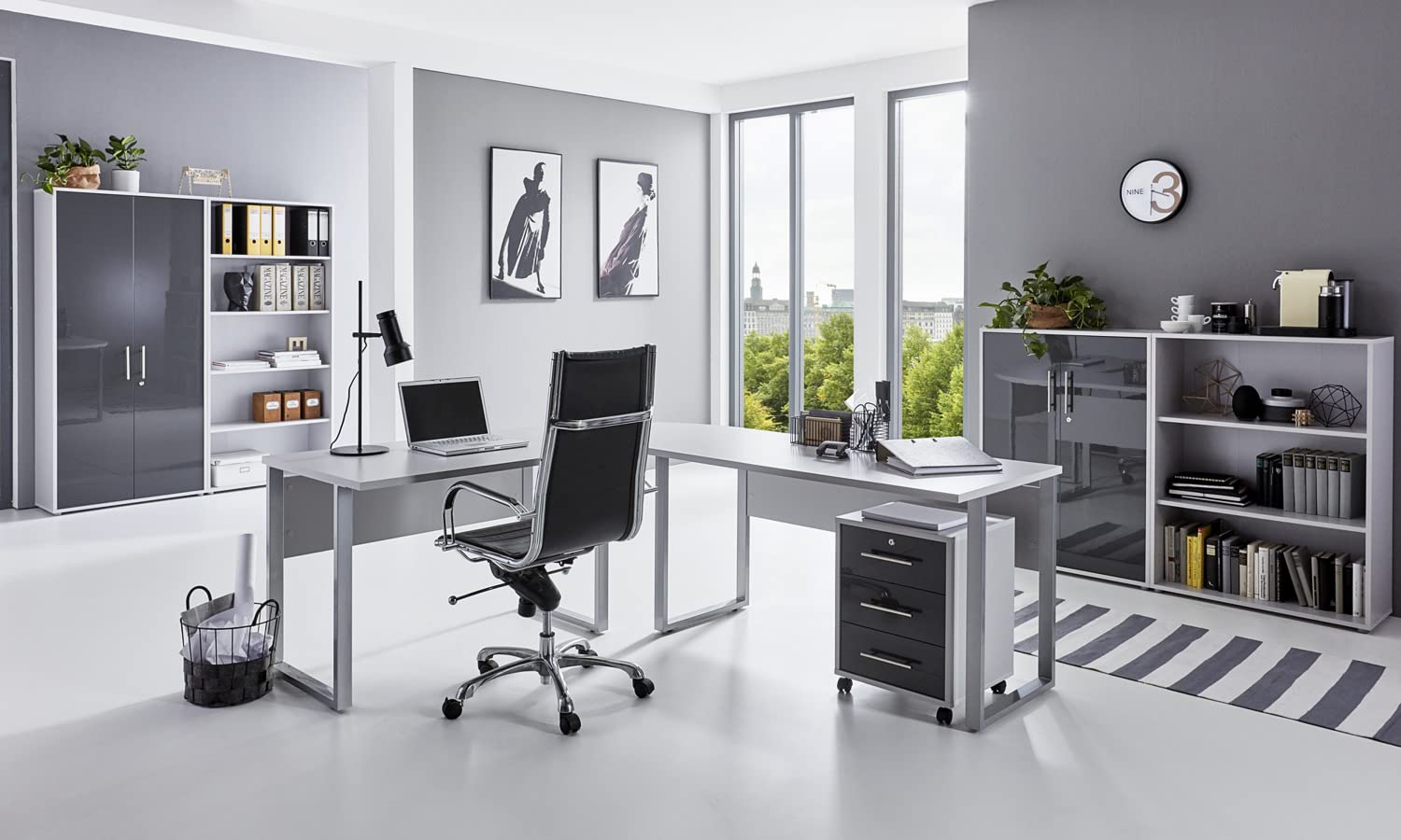 TABOR PRO 1 Büromöbel-Set Schreibtisch Aktenschränke lichtgrau anthrazit Hochglanz